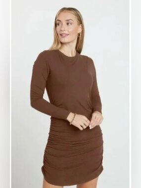 Shebird Aspen Shapwear Dress 4 Ruched Long Sleeves Ribbed Downtown Brown Fitted